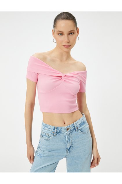 Crop Off the Shoulder Madonna Neck T-Shirt Ribbed Short Sleeve Knot Detail