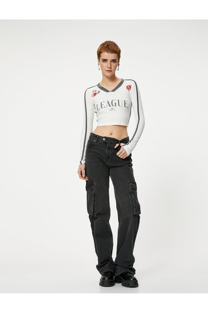 V-Neck Crop T-Shirt Long Sleeve Color Contrast Printed Cotton