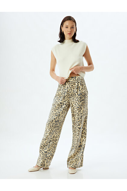 Leopard Pants High Waist Wide Leg Viscose Fabric