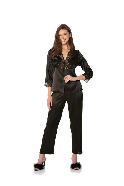Satin Lace Women's Pajama Set - 1110 Black