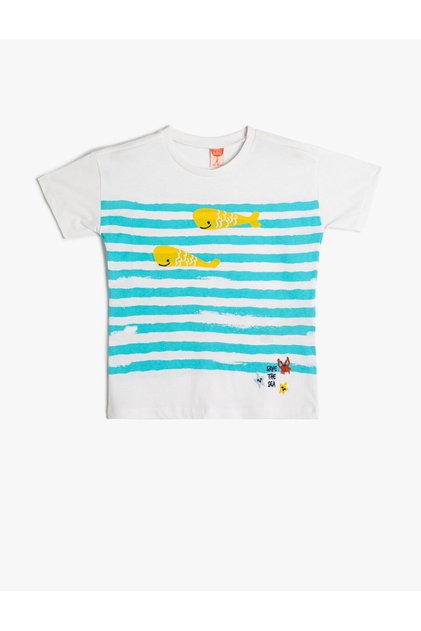 T-Shirt Short Sleeve Crew Neck Fish Printed Cotton