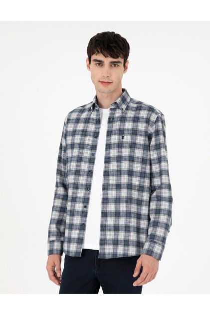 Navy Blue Plaid Regular Fit Long Sleeve Shirt 50291979-Vr033