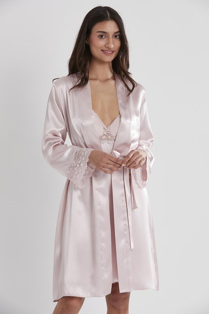 Satin Lace Women's Nightgown and Dressing Gown Set - 4285 Powder