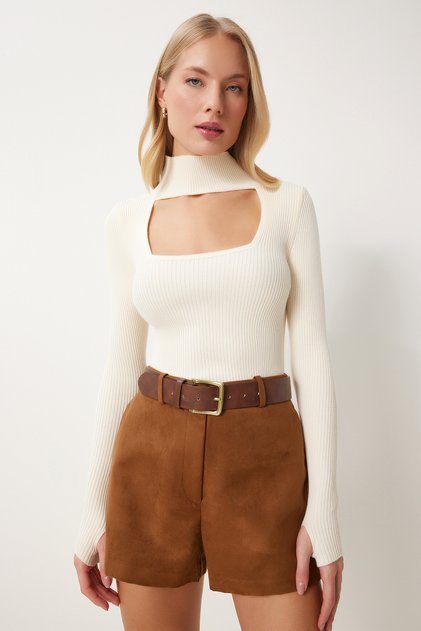 Women's Cream Cut Out Detailed High Collar Ribbed Knitwear Sweater FN03165