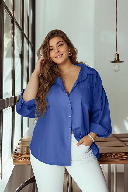 Trendyol Curve Dark Blue Loose Fit Cotton Long Sleeve Plus Size