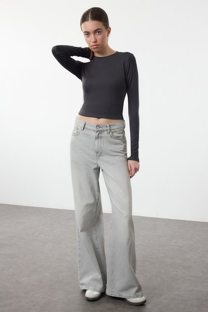 Antrasit Viskon Bisiklet Yaka Crop Esnek Örme Bluz TWOAW24BZ00116