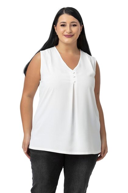 Plus Size Covered Button Detailed Sleeveless V-Neck White Blouse