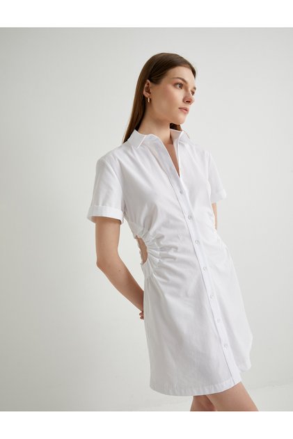 Mini Shirt Dress Window Detailed Buttoned Short Sleeve Cotton
