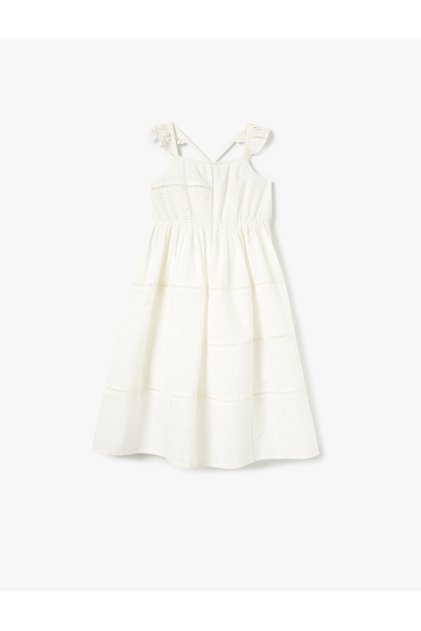 Rochie midi brodată cu bretele încrucișate, croială confortabilă