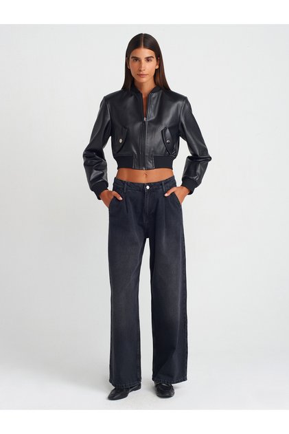 71733 Pleated Wide Denim Trousers-Black