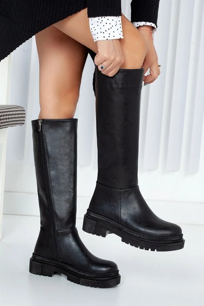 Black Zippered Fleece Lined Thick Soft Comfort Sole Below the Knee Leather Women's Boots