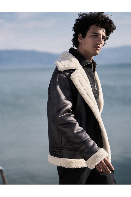 Faux Leather Biker Jacket with Fur Collar Pockets