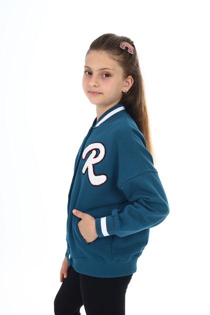 Girls' College Collar Snap Closure Pocket Low Shoulder Embroidery Printed Knitted Cardigan - 2 Thread Shardo