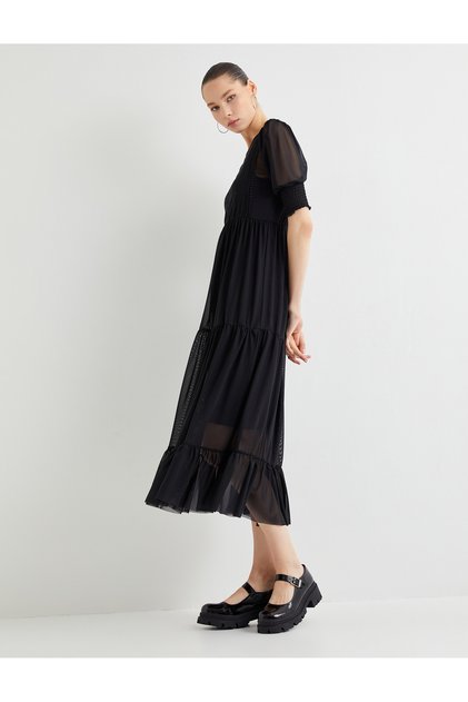 Maxi Tulle Dress Lined Short Balloon Sleeve Embroidered Layered Ruffles