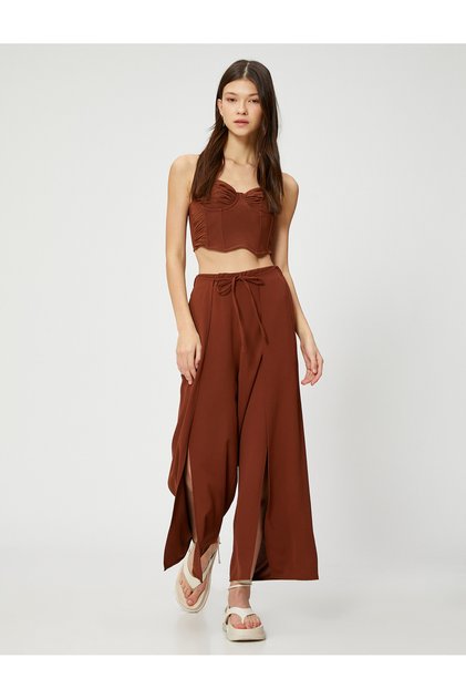 Wide Leg Trousers with Lace-Up Waist Slit Detail