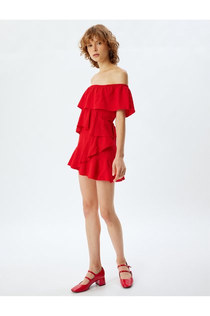 Ruffled Dress Mini Boat Neck Off-The-Shoulder Comfortable Fit