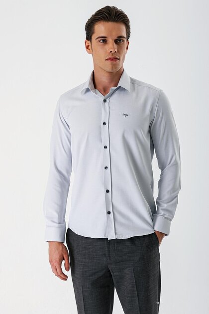 Gray Long Sleeve Dobby Pocketless Cotton Slim Fit Shirt 1004235171