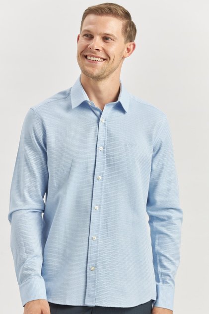 Blue Long Sleeve Self Patterned Dobby Hard Collar Casual Slim Fit Shirt 1004240249