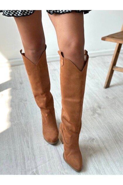 Camel Suede Western Style Knee High Long Women's Boots