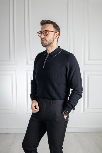 Interview Zippered Polo Collar 100% Cotton Black Knitwear Sweater