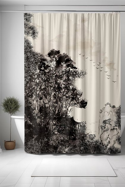 Bathroom Curtain, Black and White Forest Scenery Pattern Shower Curtain, Bathtub Curtain 175X200Cm