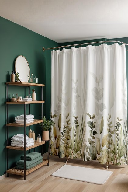 Bathroom Curtain, Green Botanical Shade Pattern Shower Curtain, Bathtub Curtain 175X200Cm