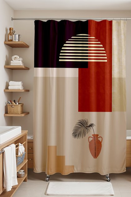 Bathroom Curtain, Palm Leaf Patterned Shower Curtain in Bohemian Flowerpot, Bathtub Curtain 180X200Cm
