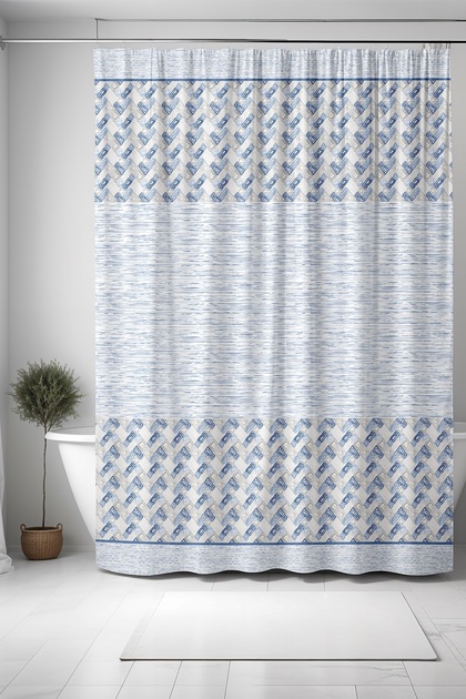Bathroom Curtain, Blue Striped Ikat Motif Patterned Shower Curtain, Bathtub Curtain 175X200Cm