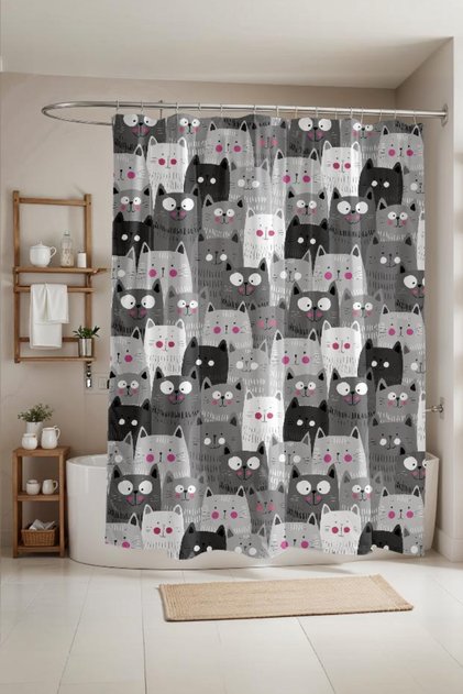 Bathroom Curtain, Grey Shy Cats Pattern Shower Curtain, Bathtub Curtain 175X200Cm
