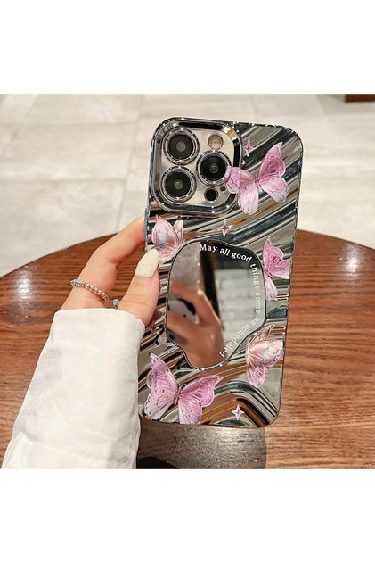 iPhone 15 Pro Silver Mirror Butterfly Pattern Fashionable Case Luxury Cover Cute Butterfly