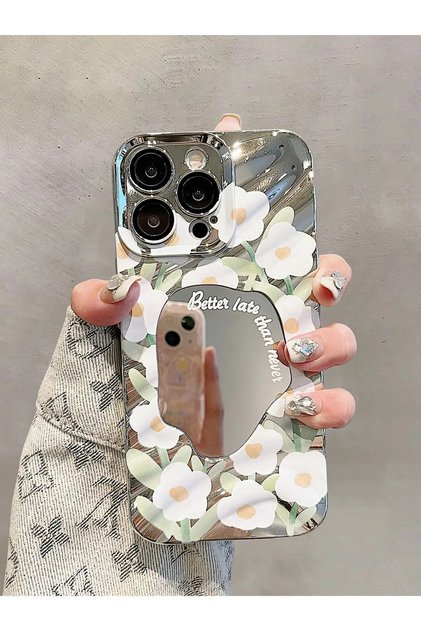 iPhone 16 Pro Silver Mirror Flower Pattern Stylish Case Luxury Cover Cute Flower