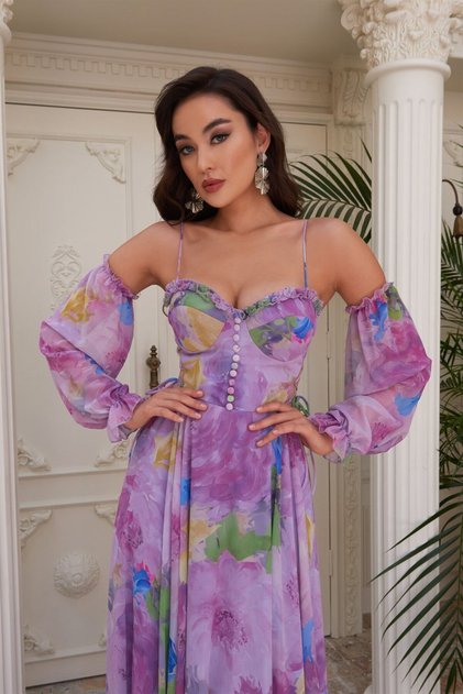 Lilac Printed Strap Balloon Sleeve Long Evening Dress
