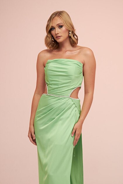 CARMEN Pistachio Green Satin Strapless Long Evening Dress with Side Slit-  Trendyol