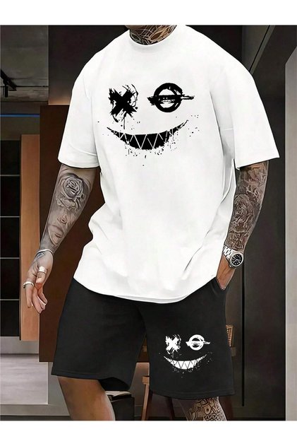 Men's 2-Piece Oversize Basic Beast Fashion Printed Cotton Smiling Face T-Shirt T-shirt and Shorts Set