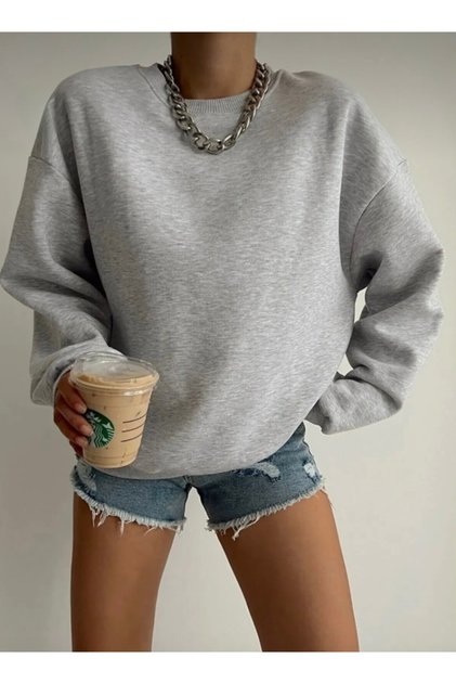 Gray Crew Neck Plain Sweatshirt