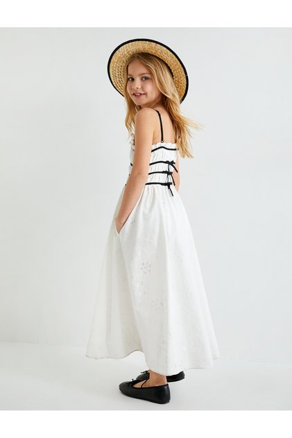 Long Cotton Dress with Bow Detail on the Back and Spaghetti Straps