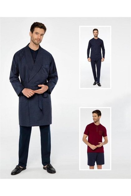 Men's Navy Blue Coton Jacquard Robe De Chambre Set of 5