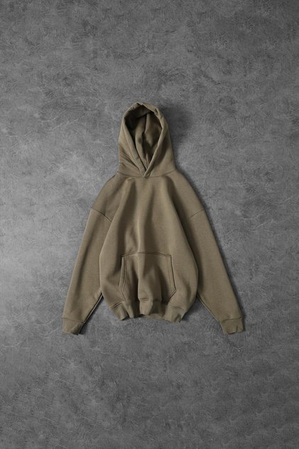 Erkek Haki Basic Kapüşonlu Oversize Sweatshirt