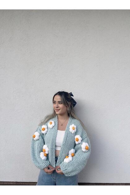 mihal boutique Mavi Çiçek Motifli Hırka - Fiyatı, Yorumları