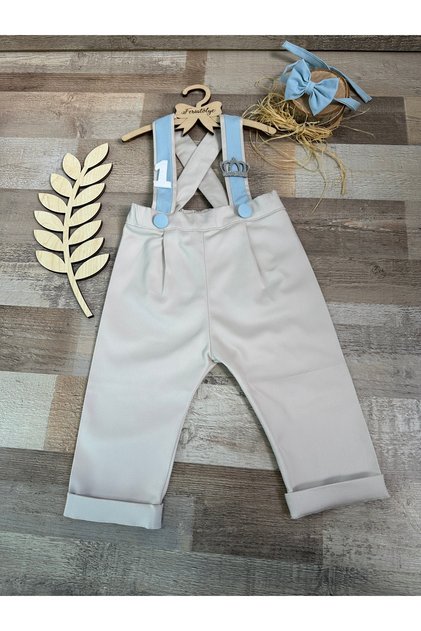 Handmade Handcrafted King Crown Concept Cream Baby Blue Detailed Baby Boy Pants Salopet