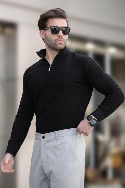 Black Polo Collar Zipper Detailed Long Sleeve Men's Sweater 7282