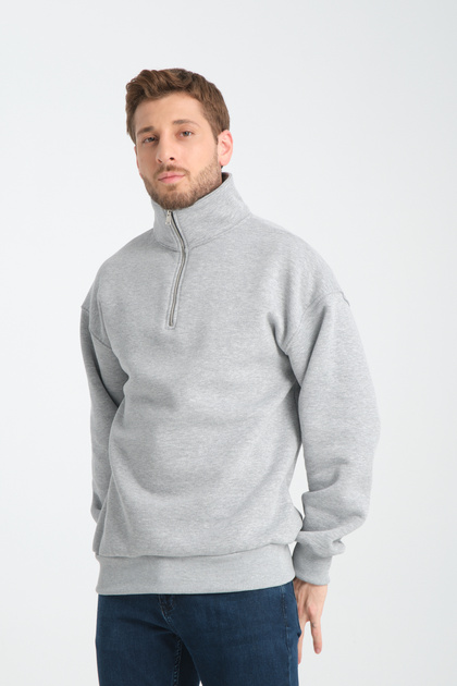 Gray Unisex Oversized Cotton Interior Fleece Wool Stand-Up Collar Half Zipper Sweat