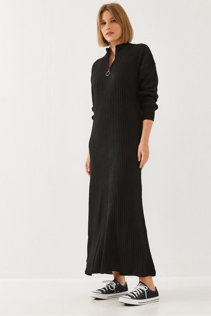 Rochie lungă din tricot, neagră, cu fermoar la guler, pentru femei 15839 60351143