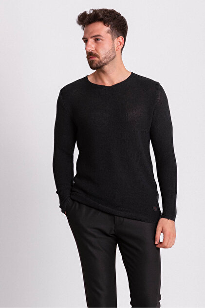 Knitted Patterned Slim Fit Wide Collar Long Sleeve Lase Men's Knitwear Sweater Black - 11155.18Y