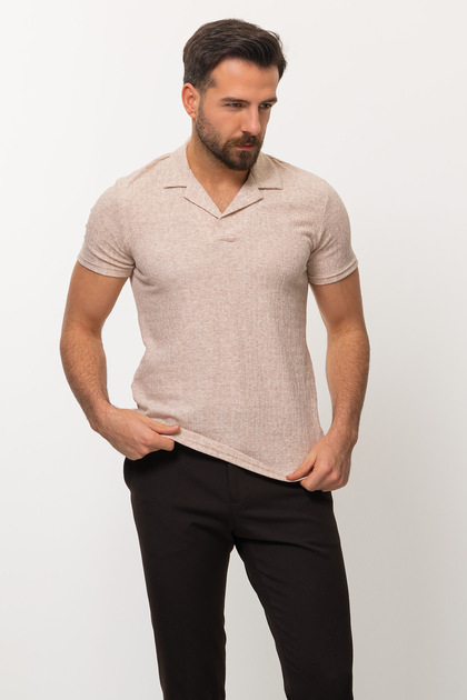 Patterned Slim Fit Peacock Collar Men's T-Shirt Beige - 36691.22Y