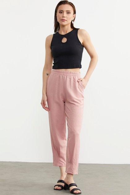 Crepes Pants with Gathered Hem Detail - Pink