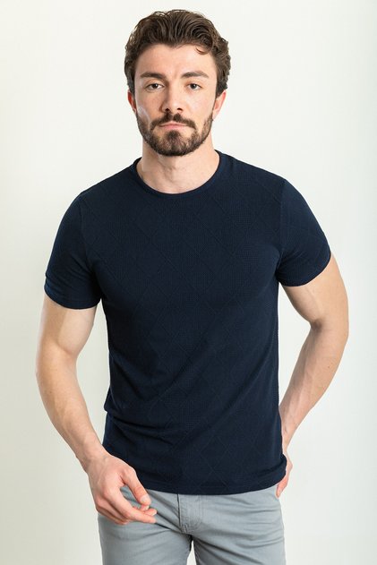 Checkered Patterned Slim Fit Crew Neck Men's T-Shirt Navy Blue - 36789.23Y