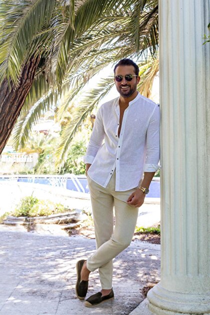 Plain Slim Fit Judge Collar Basic Linen Men's Shirt White - 37340.21Y