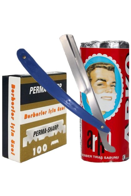 Perma Sharp Berber Jileti 100'lü Paket, Yarım Tıraş Bıçağı, Tıraş Sabunu, Ustura Seti 004