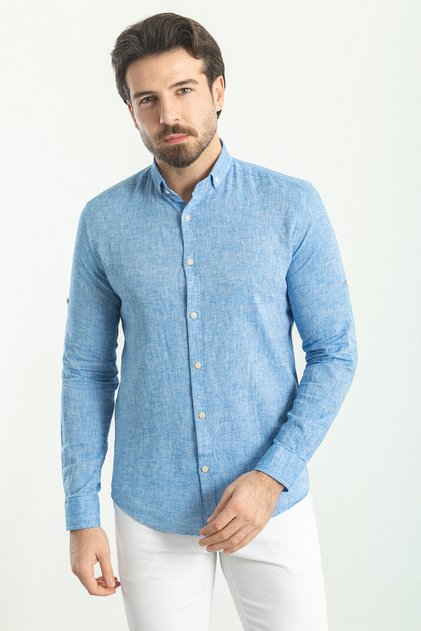 Plain Slim Fit Basic Linen Men's Shirt Cobalt Blue - 37356.21Y
